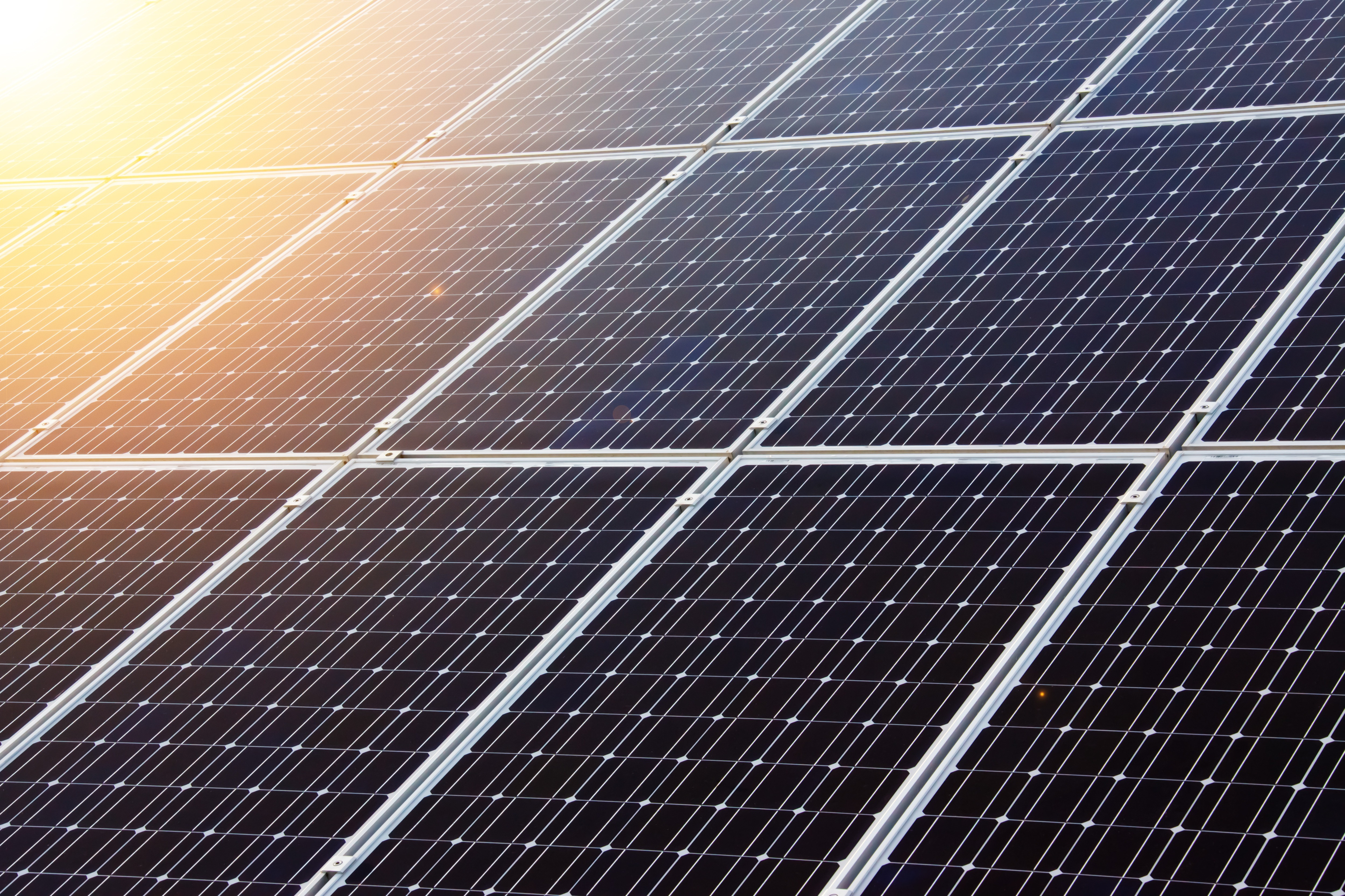 sun shining on solar panels