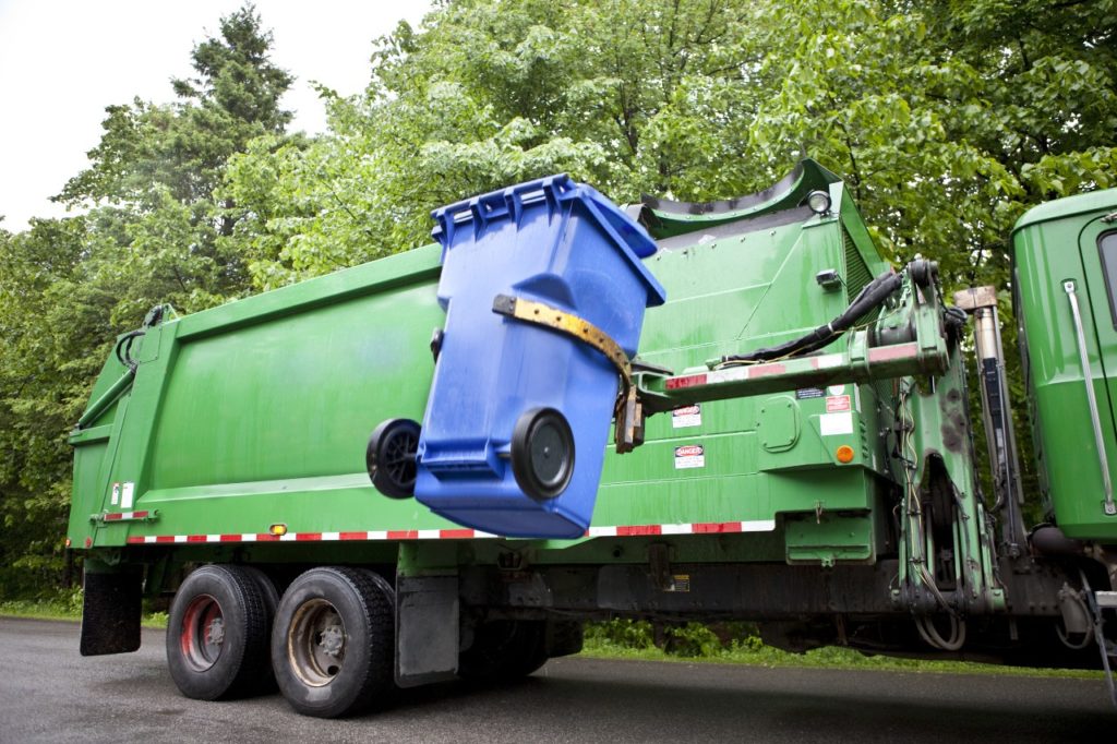 Green Recycling Truck Blue Recycling Bin