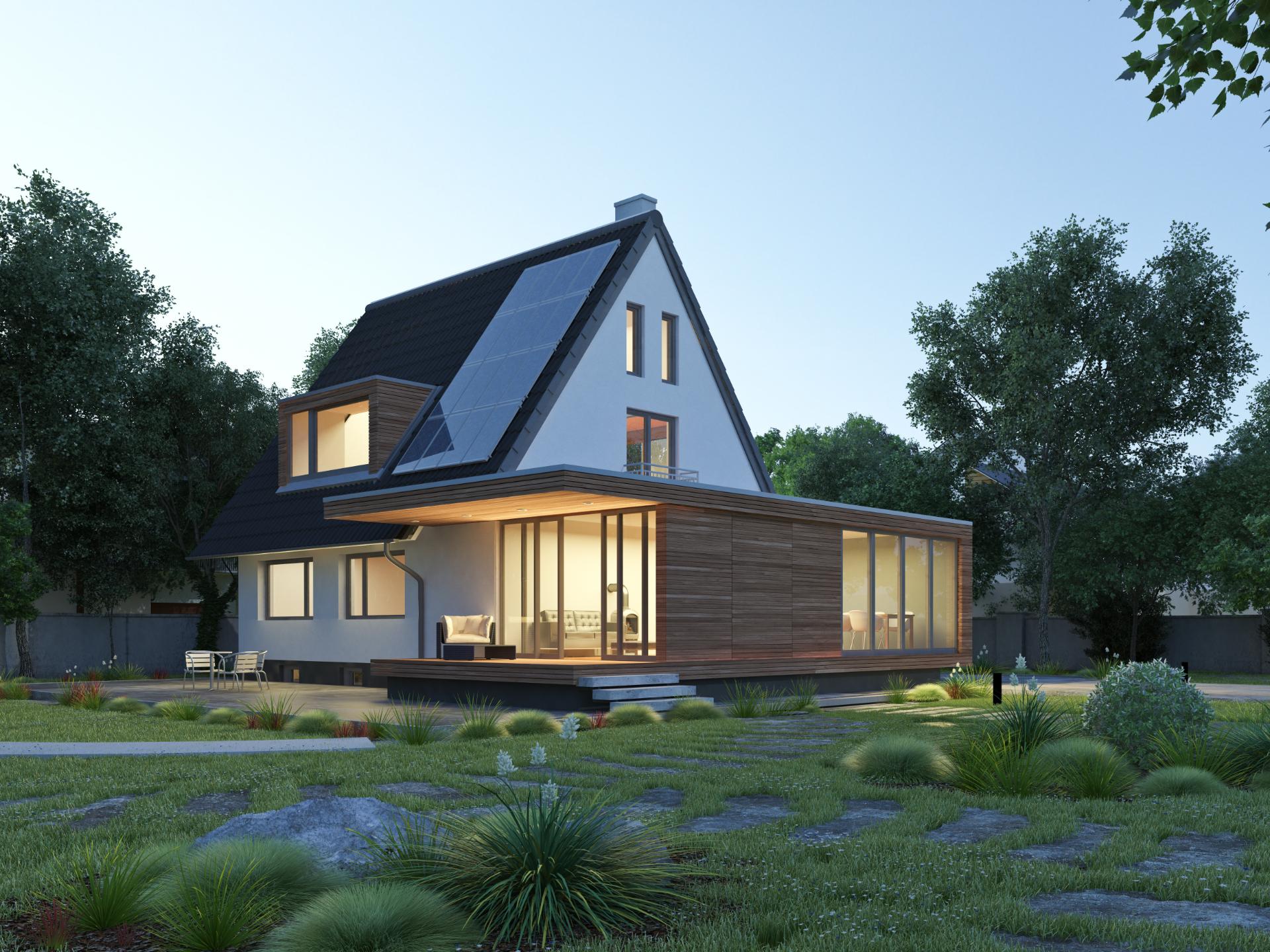 A-frame home with rooftop solar panels